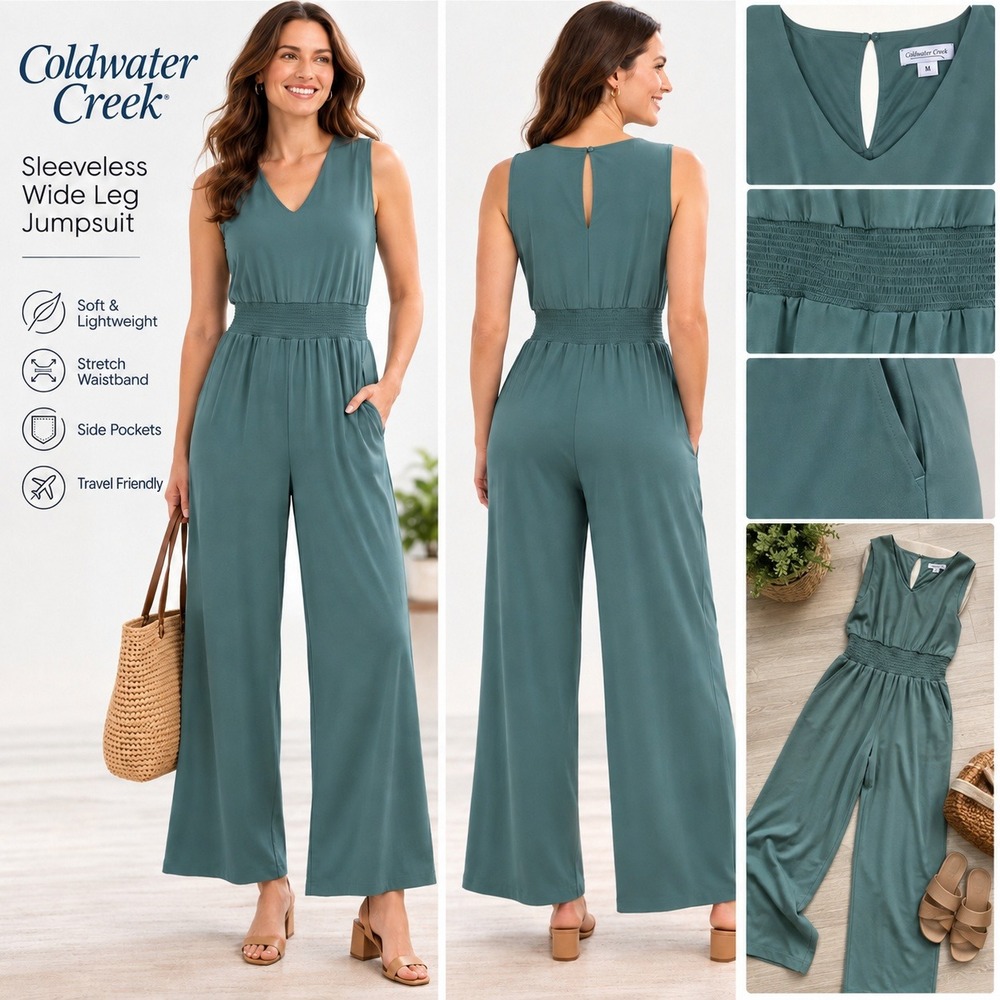 Coldwater Creek Sleeveless Jumpsuit Green Wide Leg WMS M